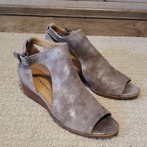 Lucky Brand wedge heel peep toe booties, size 8